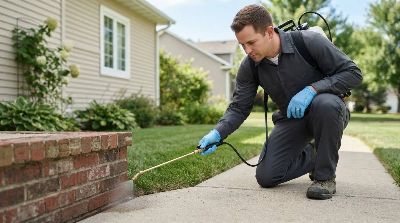 Pest control technician treating a home near Au Train, MI